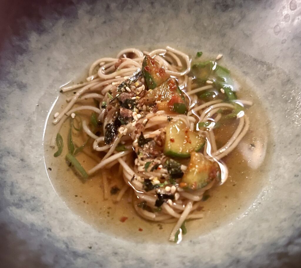 Cold Somen Noodles, Dashi, Soy, Scallions, Furikake, Cucumber Kimchi at 610 Magnolia