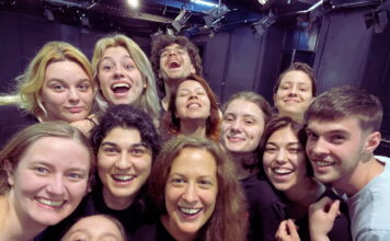 Actress and PEM Master Instructor Sarah Victoria (middle) with students of the Faculty of Theatre and Film at Babes-Bolyai University in Cluj-Napoca, Romania