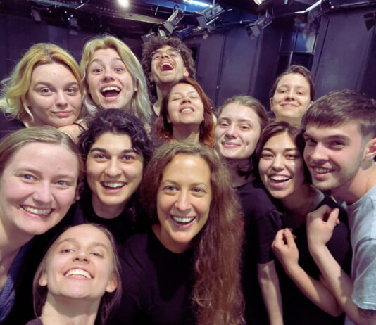 Actress and PEM Master Instructor Sarah Victoria (middle) with students of the Faculty of Theatre and Film at Babes-Bolyai University in Cluj-Napoca, Romania