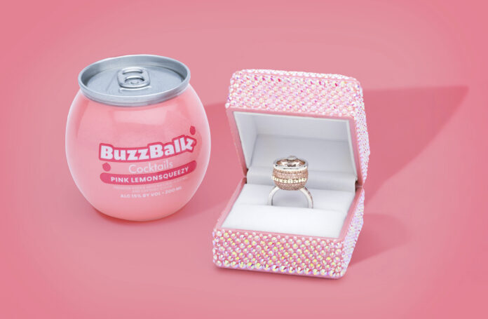 BuzzBallz Lemonsqueezy engagement ring for Valentine’s Day. Unveils a 9-carat pink A bold blend of cocktails, luxury, and modern romance.