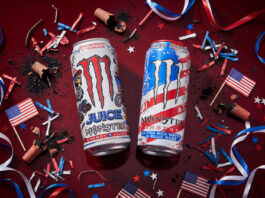 Monster Energy's summer 2026 lineup: Juice Strawberry Lemonade, Ultra Red White & Blue Razz, the Liberty Variety Pack, in time for July 4th.