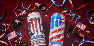 Monster Energy's summer 2026 lineup: Juice Strawberry Lemonade, Ultra Red White & Blue Razz, the Liberty Variety Pack, in time for July 4th.