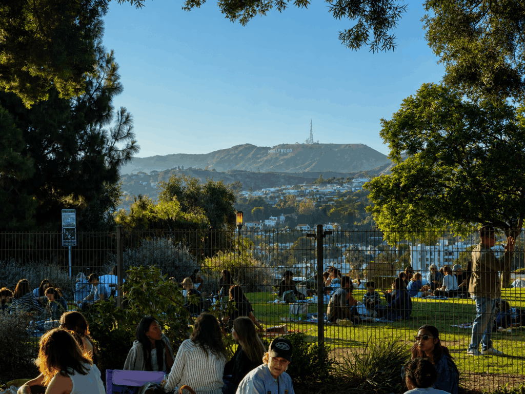 In the distance, a view of the Hollywood Sign at Barnsdall Fridays Wine Nights 