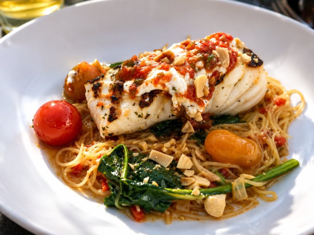 Alaskan halibut with crab fideos