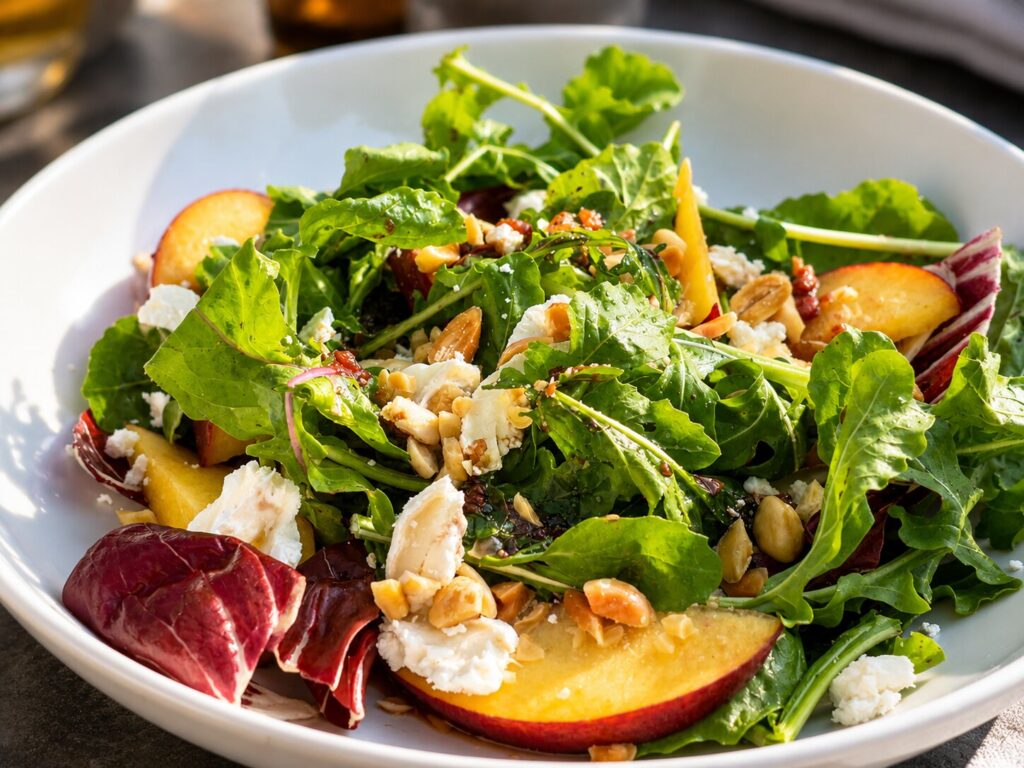 arugula salad : stone fruit, Spanish goat cheese, honey, Marcona