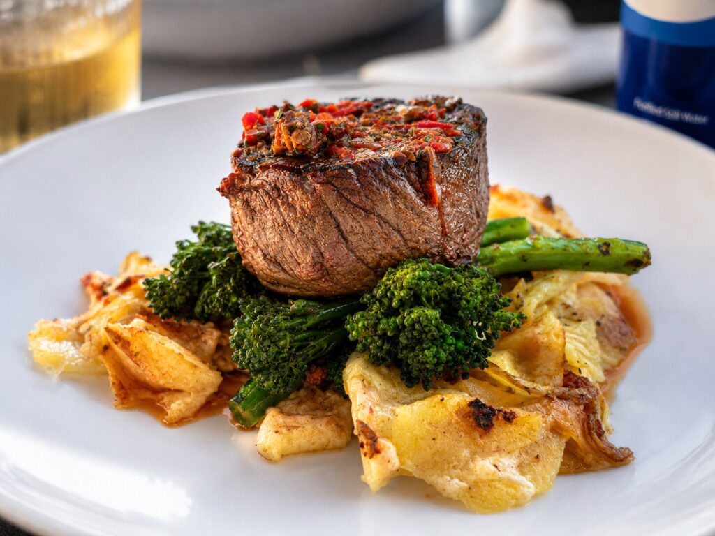 grilled beef tenderloin with potato-mahon gratin, broccoli, and Calabrian chile-olive salsa